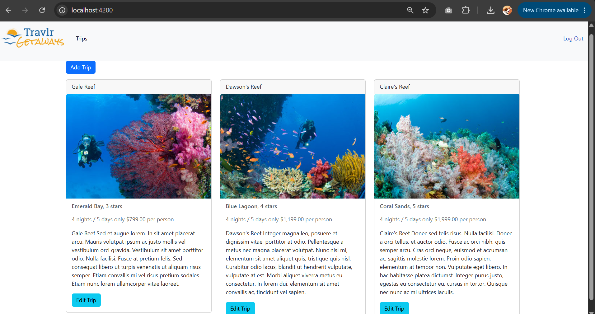 Screenshot of the React admin single-page app at localhost:4200 showing the Trips listing page with an Add Trip button, a Log Out link, and three trip cards (Gale Reef, Dawson's Reef, Claire's Reef), each with a photo, resort/star rating, price, and an Edit Trip button.