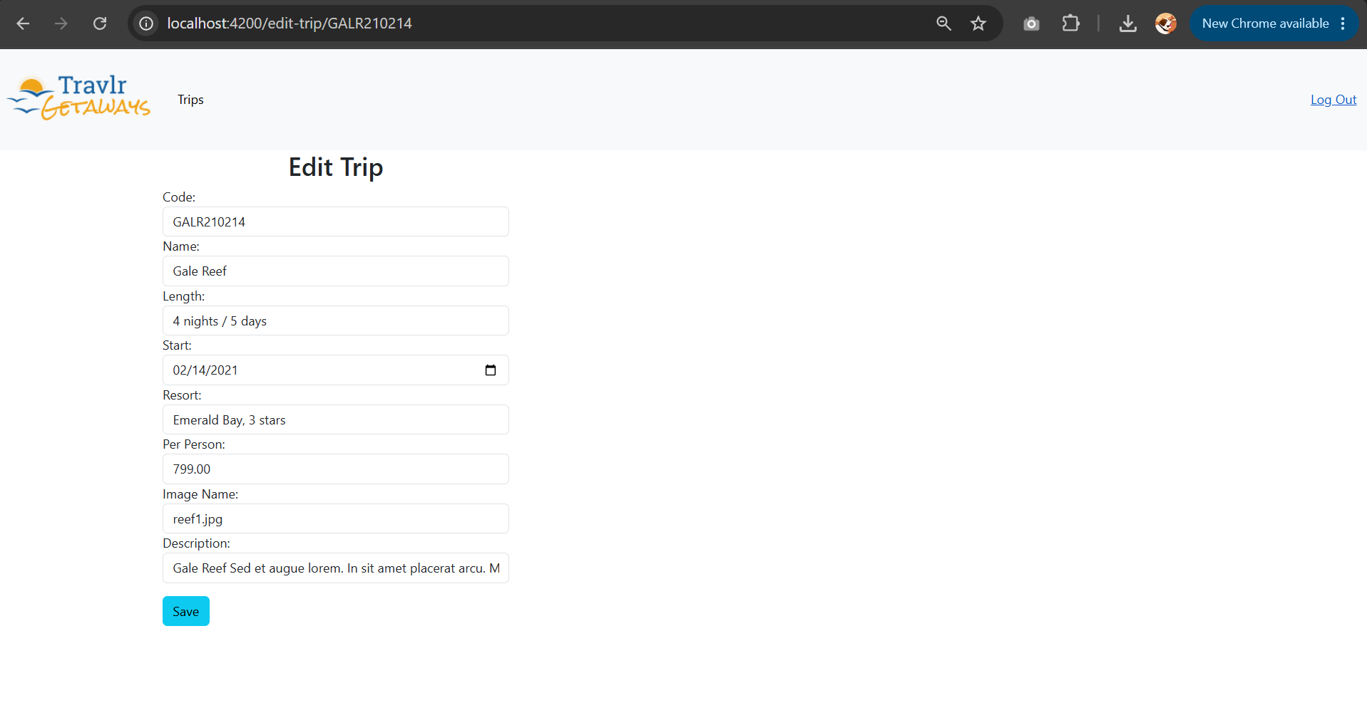 Screenshot of the React Edit Trip form at the URL /edit-trip/GALR210214, showing the trip code carried as a route parameter and input fields for Code, Name, Length, Start date, Resort, Per Person price, Image Name, and Description, with a Save button.