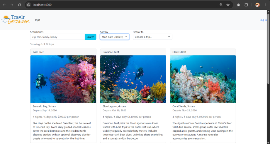 Screenshot of the trip listing sorted chronologically by start date, with a search box, a 'Sort by: Start date (earliest)' dropdown, a 'Similar to' dropdown, and three trip cards (Gale Reef, Dawson's Reef, Claire's Reef) each showing departure date, price, and description.