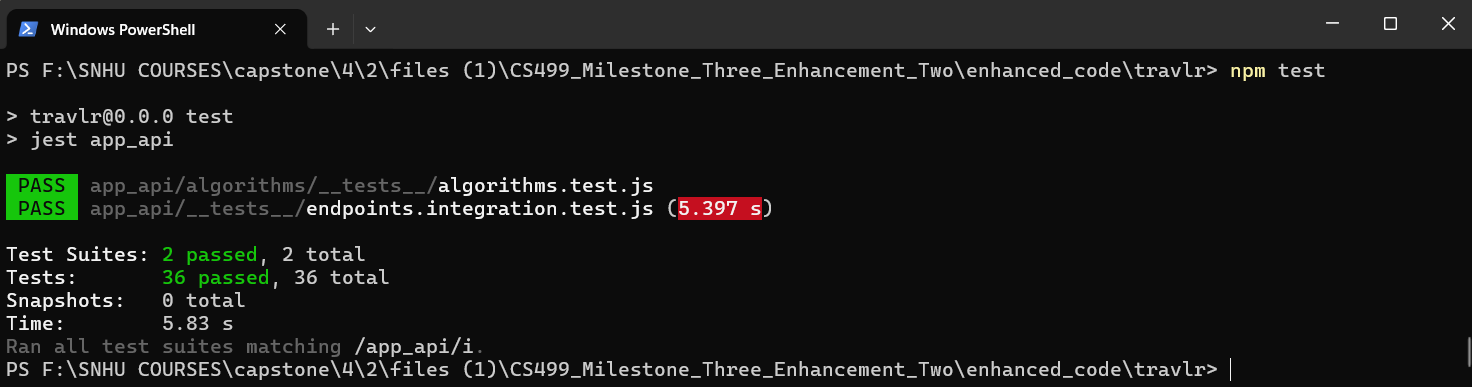 Screenshot of a PowerShell terminal running 'npm test', showing Jest output with two test suites (algorithms.test.js and endpoints.integration.test.js) passing and a summary of 36 tests passed.