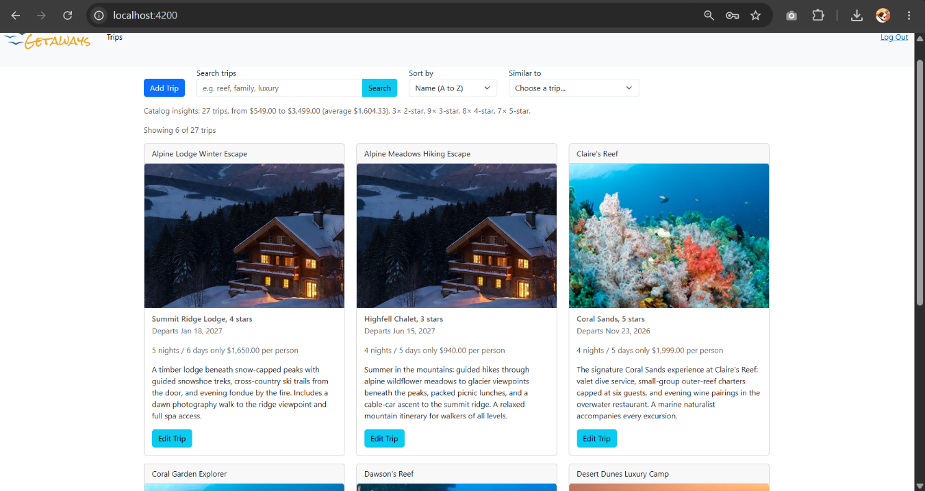 The same trip listing after the account was promoted to the admin role, now showing an Add Trip button enabled by the role claim in the new token.