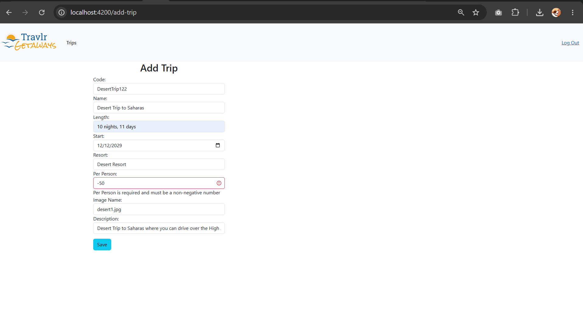 Screenshot of the Add Trip form with a Per Person field containing the value -50 and a red validation error message reading 'Per Person is required and must be a non-negative number' displayed beneath the field, rejecting the submission before it reaches the API.
