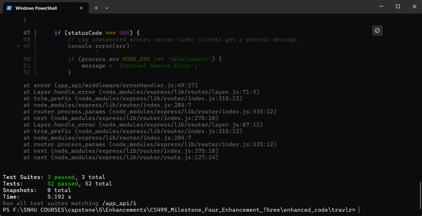 Screenshot of a PowerShell terminal showing server-side error-handler source code above a stack trace, with a Jest test summary at the bottom reporting 3 test suites passed and 52 tests passed.