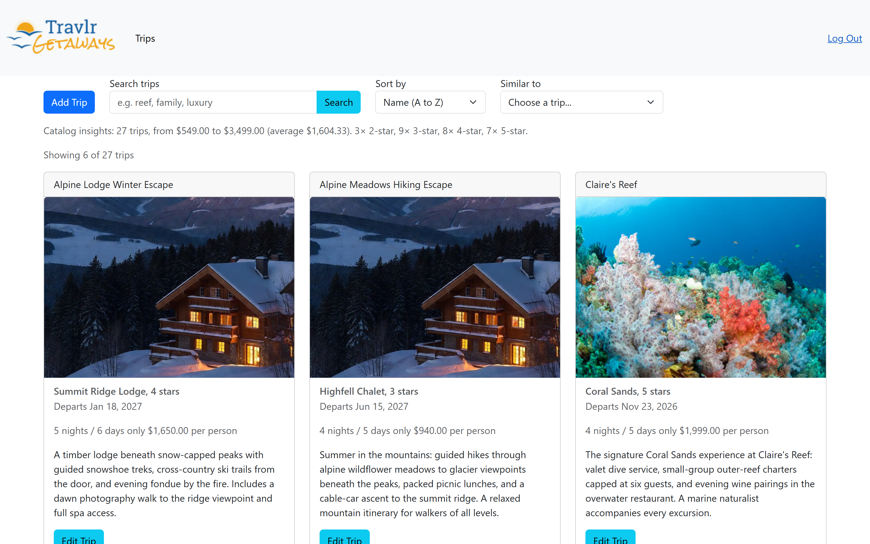 After: the React 18 admin trip listing page with the same Trips view rebuilt in strict TypeScript.