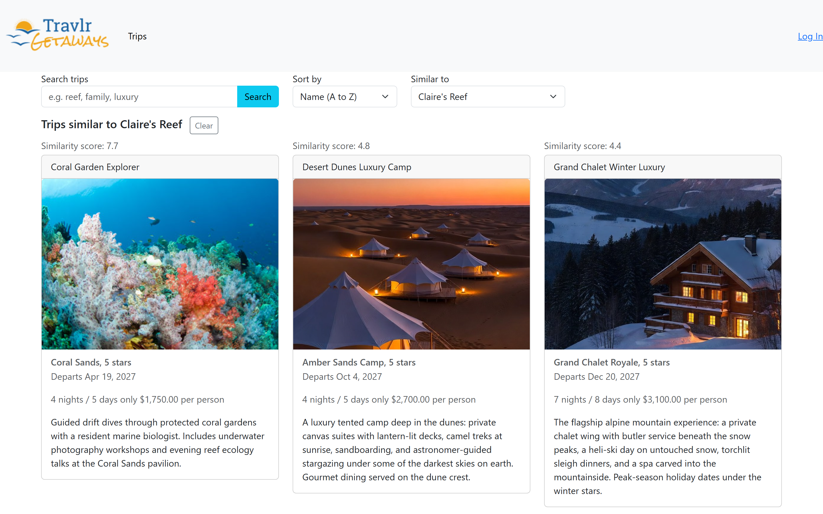 Top-k recommendation panel showing trips similar to a chosen seed trip, ranked by similarity score.