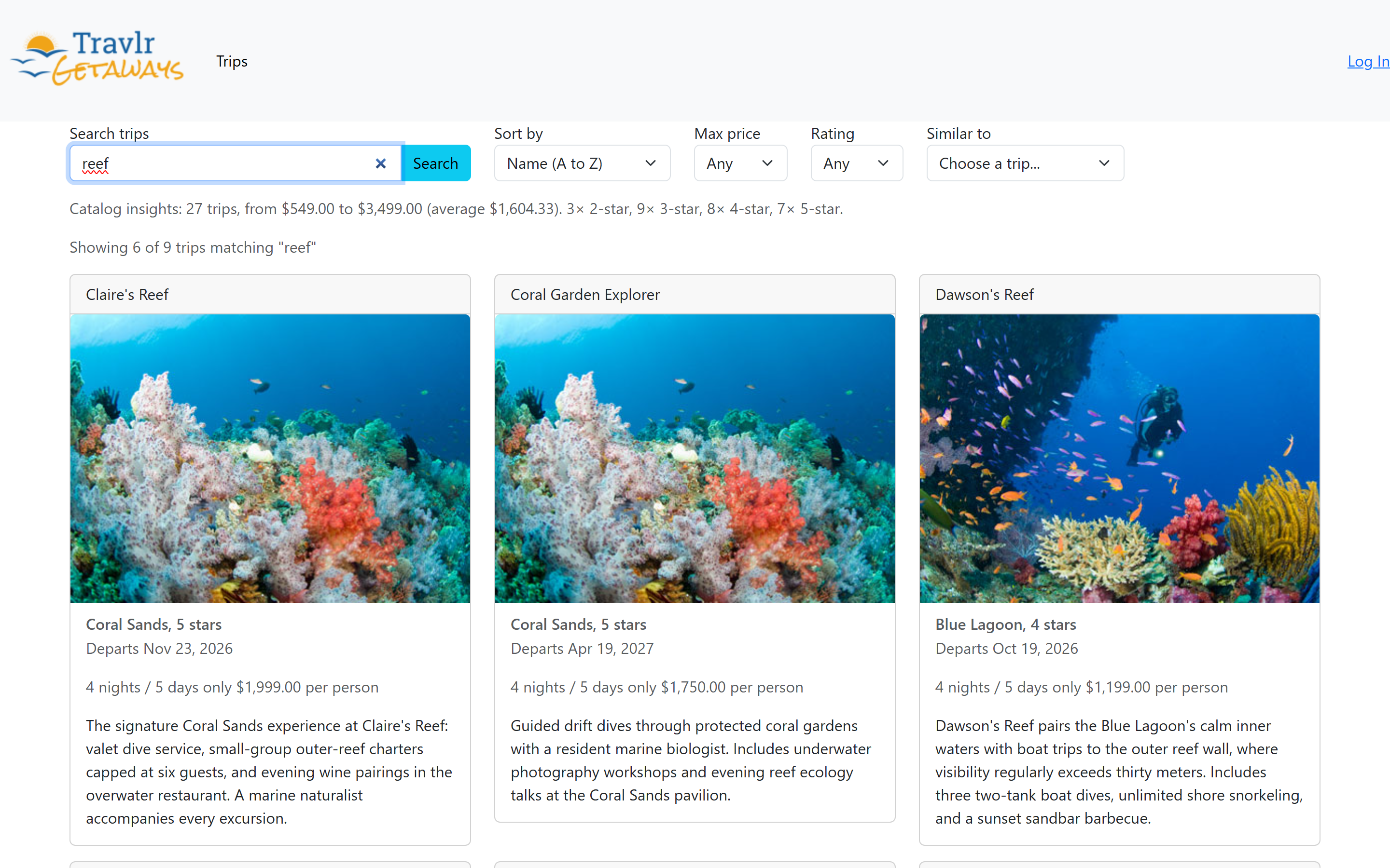 After: the trip listing with a search box, sort selector, and cursor-based pagination.