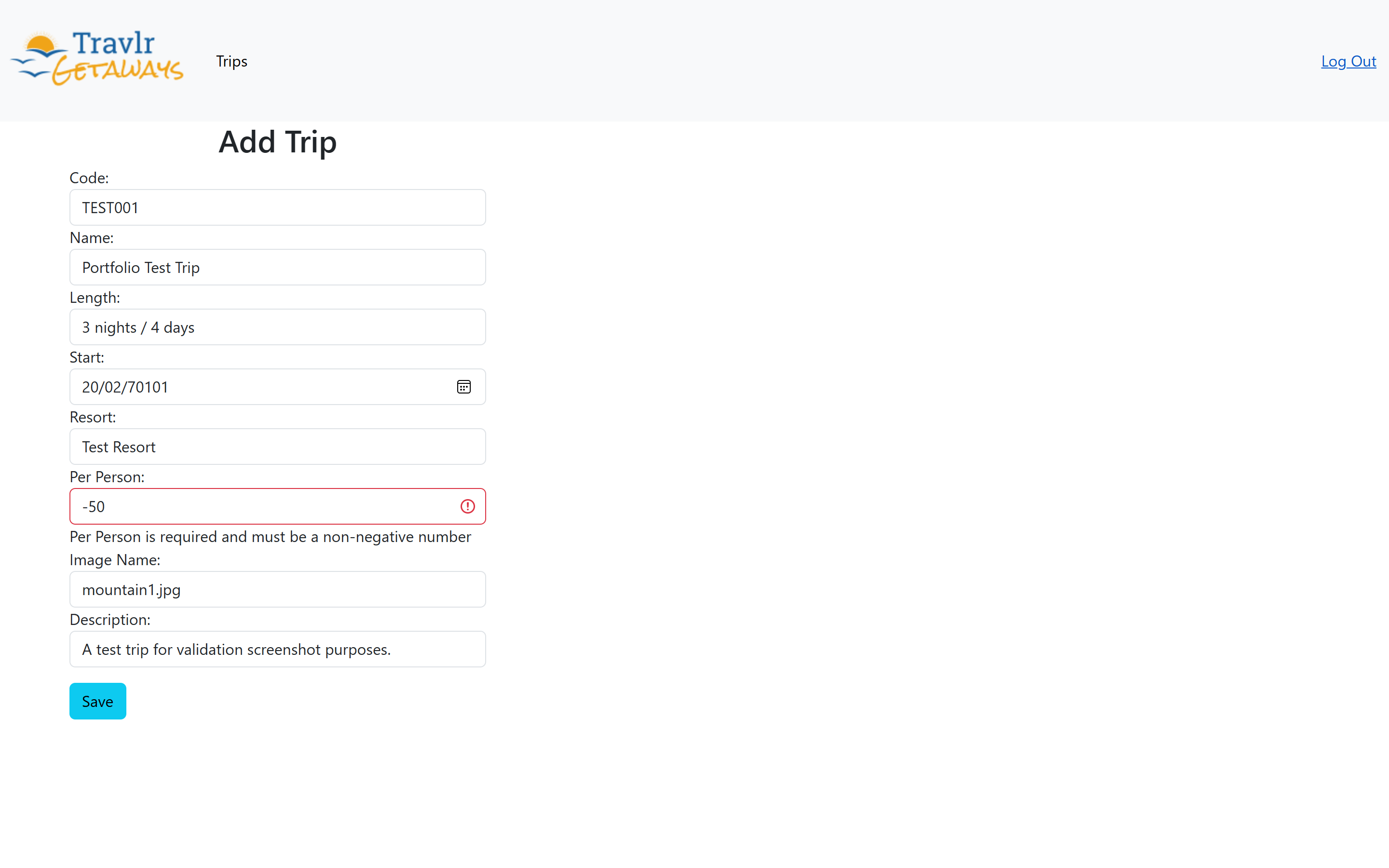 Schema-mirrored form validation rejecting a negative per-person price before the request reaches the API.
