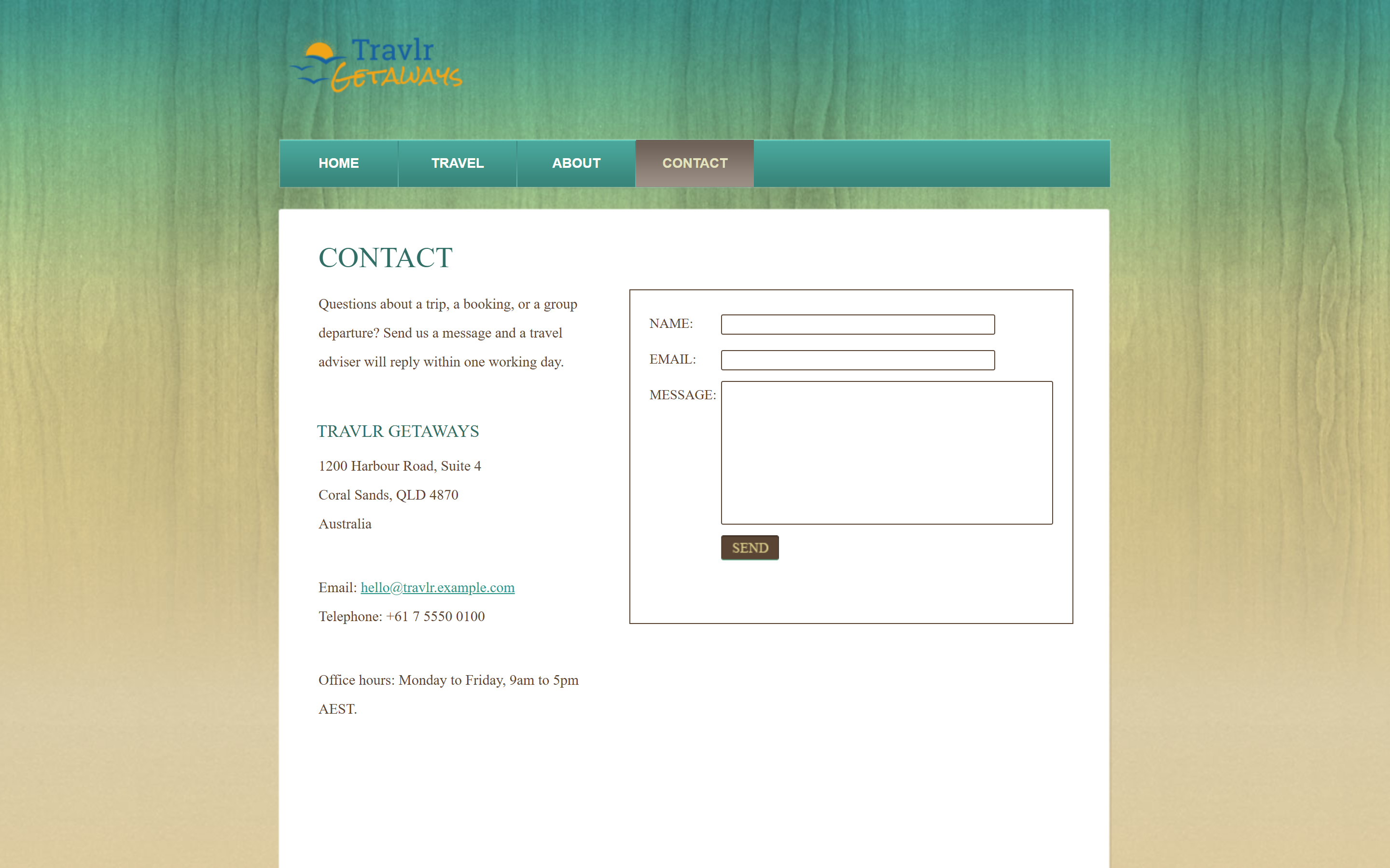 The customer Contact page, with the company address, mailbox, telephone, and opening hours beside a name, email, and message form.