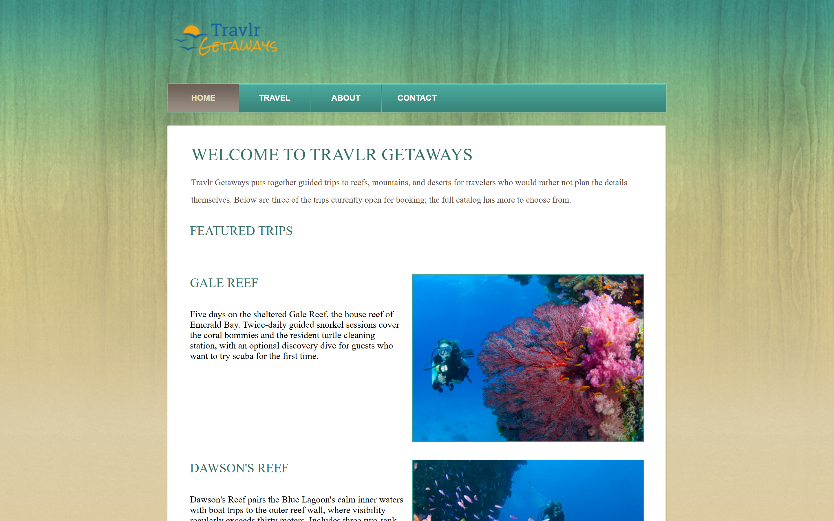The finished server-rendered customer home page, showing real Home, Travel, About, and Contact navigation and three featured trips pulled live from the database.