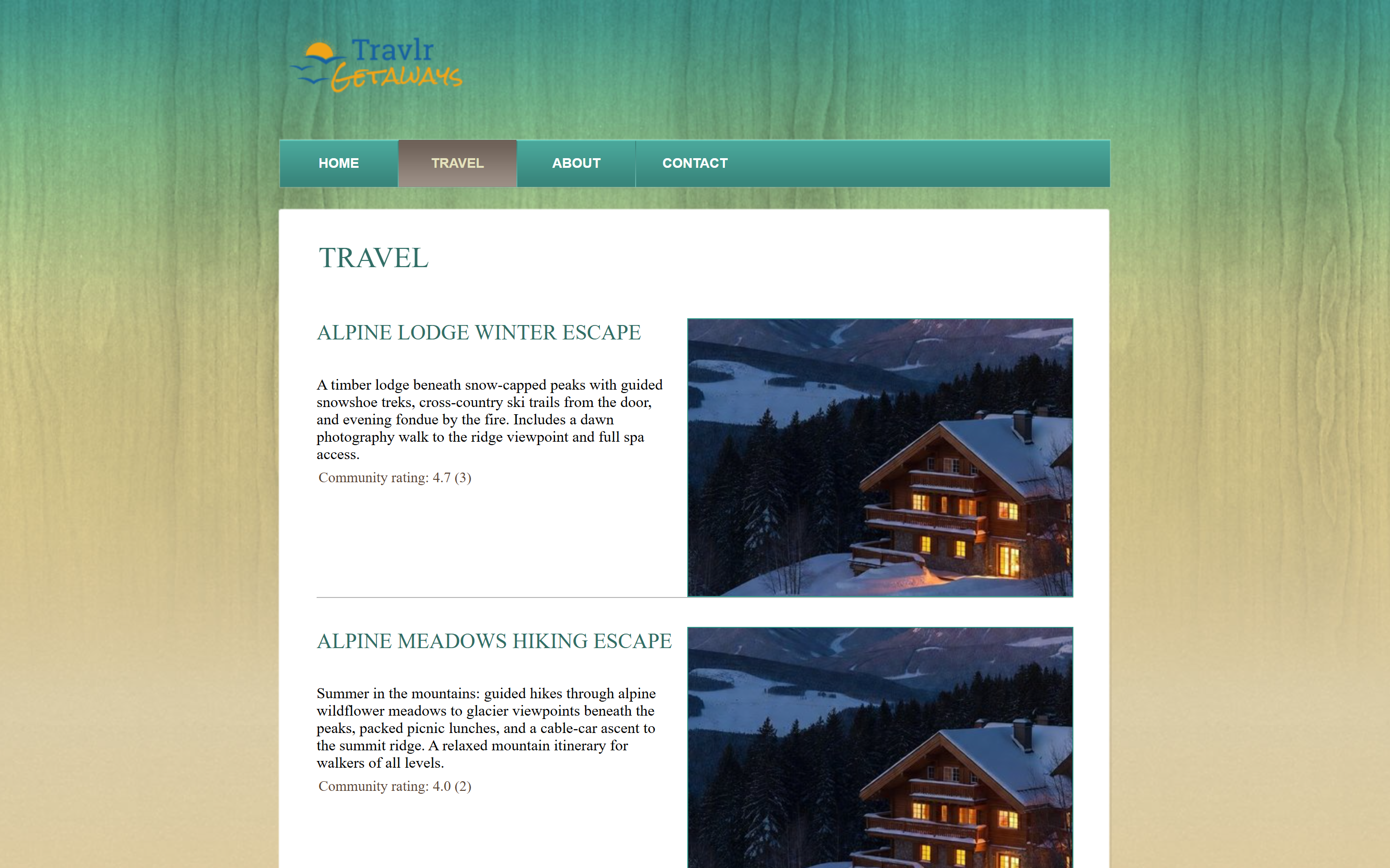 The customer Travel page listing the full catalogue, each trip with its photograph, description, and a community rating line showing the average and the number of ratings.